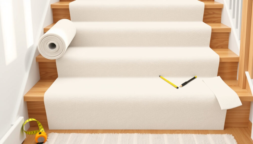 Kotimainen sisäänkäynti, jossa portaisiin asennettava askelmatto ja metritavarana rullattu porrasmatto odottavat mittaukseen ja kiinnitykseen.